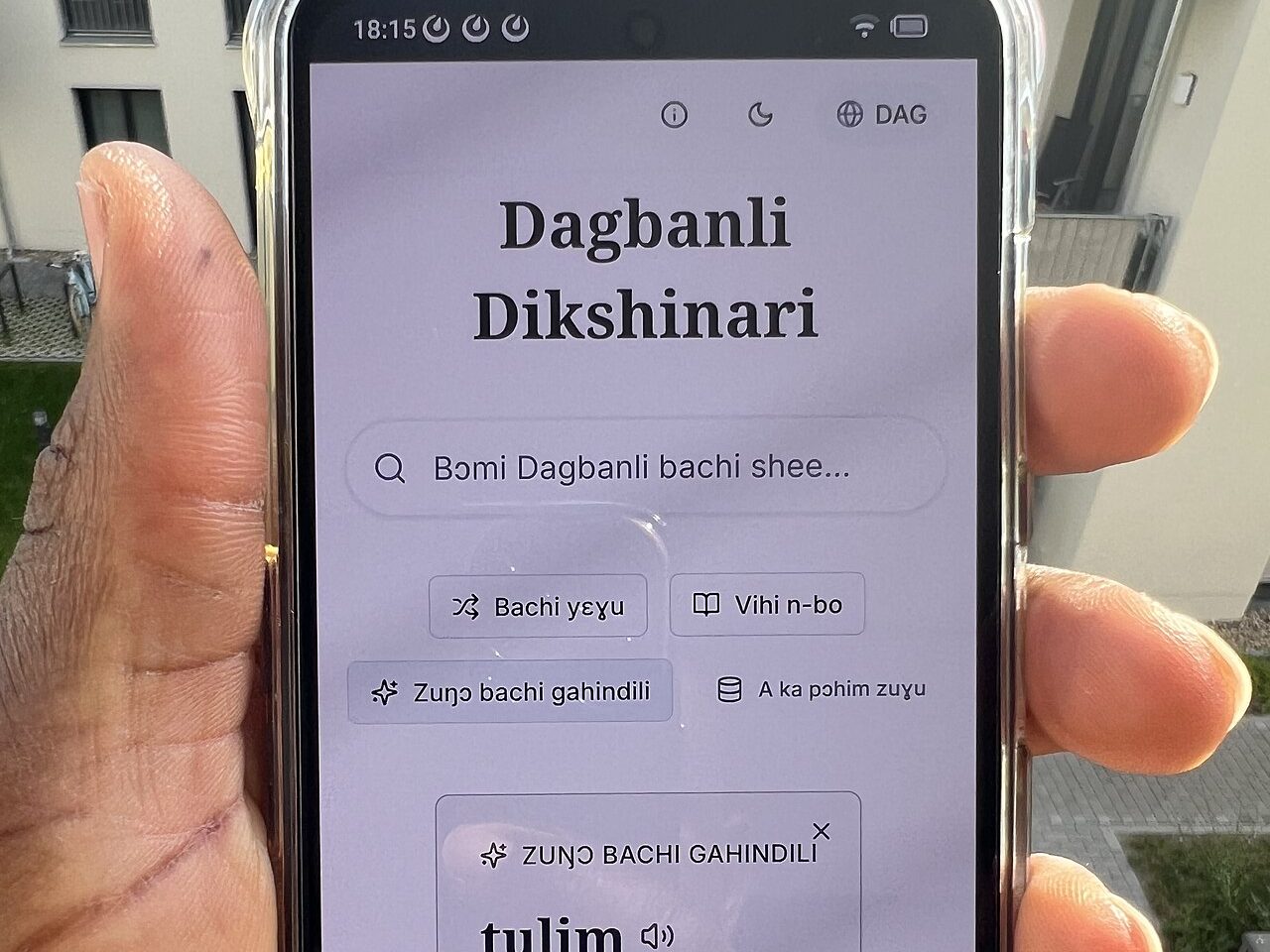 A hand holding a phone showing the Dagbanli Dictionary, with the word tulim (hot) on screen